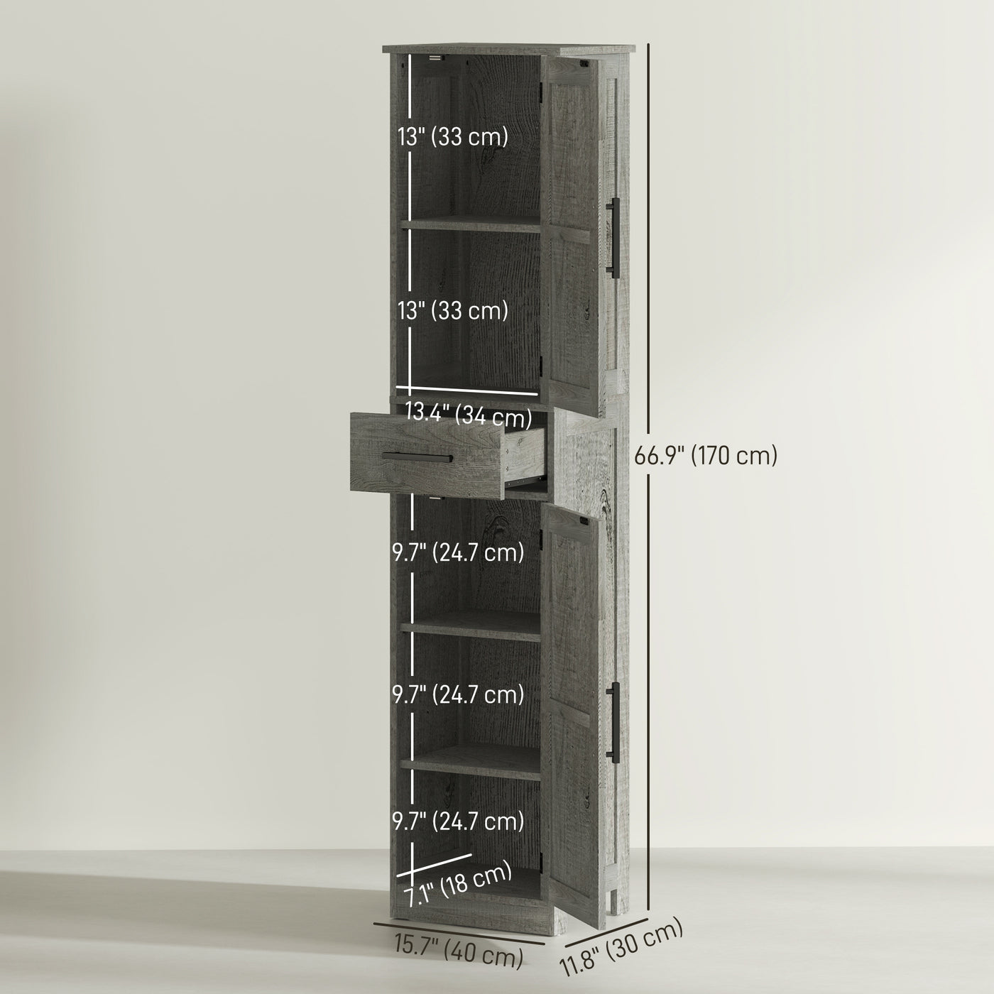 67" Tall Bathroom Cabinet, Narrow Bathroom Storage Cabinet with Drawer, Barn Doors and Adjustable Shelves, Dark Grey