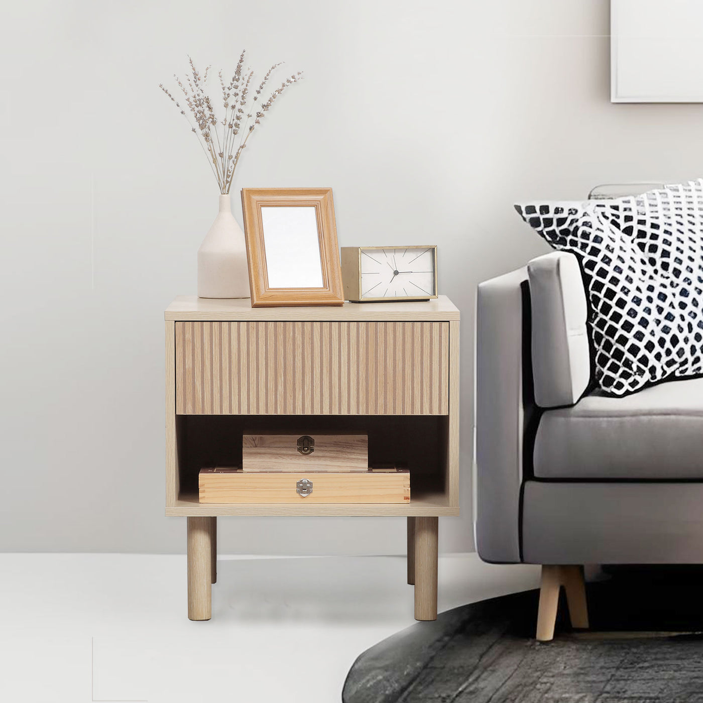 Set of 2 Bedroom Nightstands, Side Table with Storage Shelf and Drawer for Living Room, Bedroom, Natural Wood
