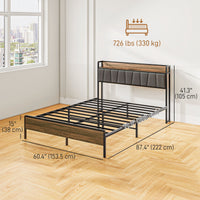 Queen Size Bed Frame with Charging Station, Queen Bed Frame with Upholstered Headboard and Storage Shelf, Walnut
