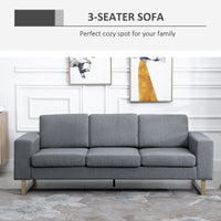 3 Seater Sofa, Linen Upholstered Cozy Padded Couch with Steel Leg, Backrest and Wide Armrest, for Living room, Bedroom, Dark Grey