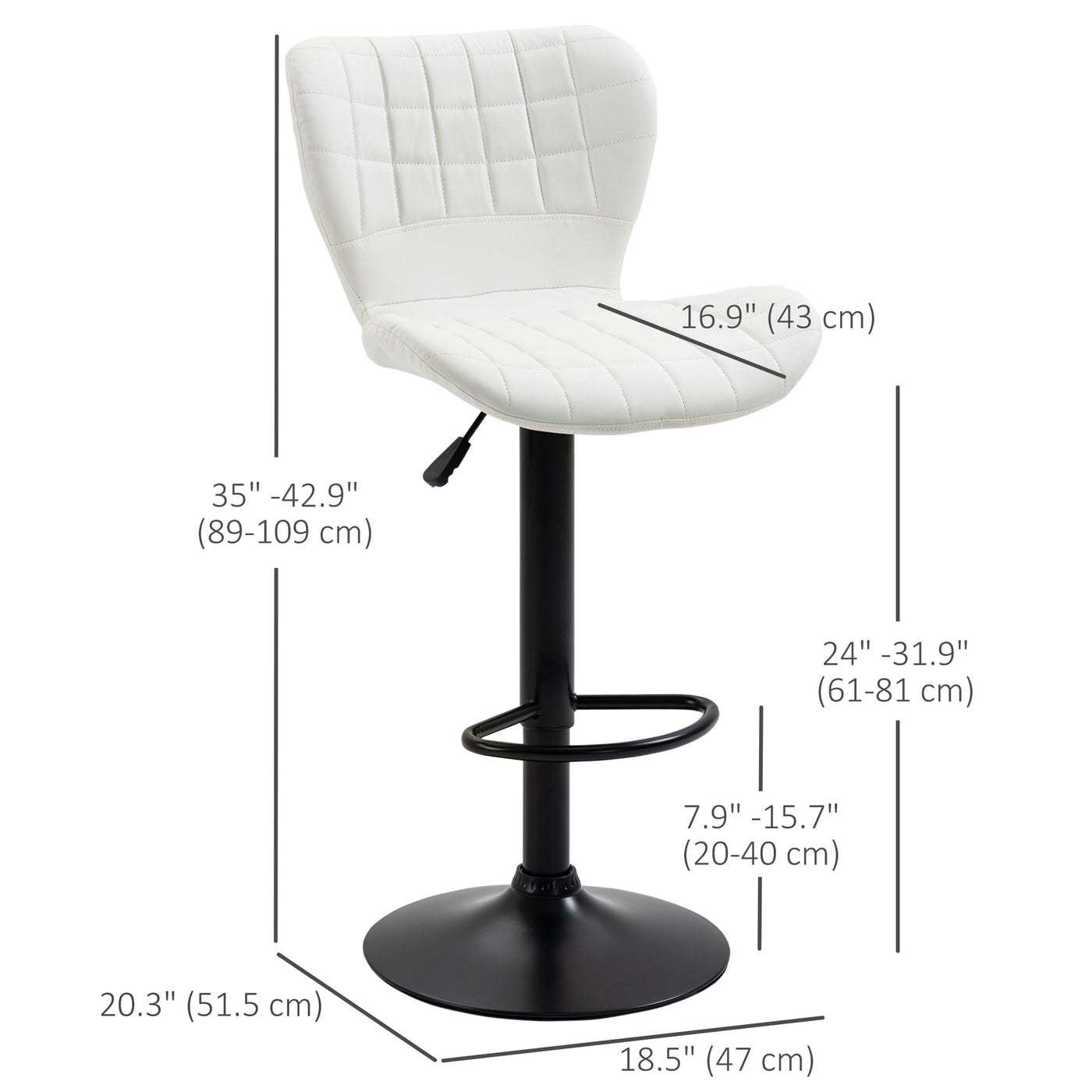 Bar Stools Set of 2 Adjustable Height Swivel Bar Chairs in PU Leather with Backrest & Footrest, White