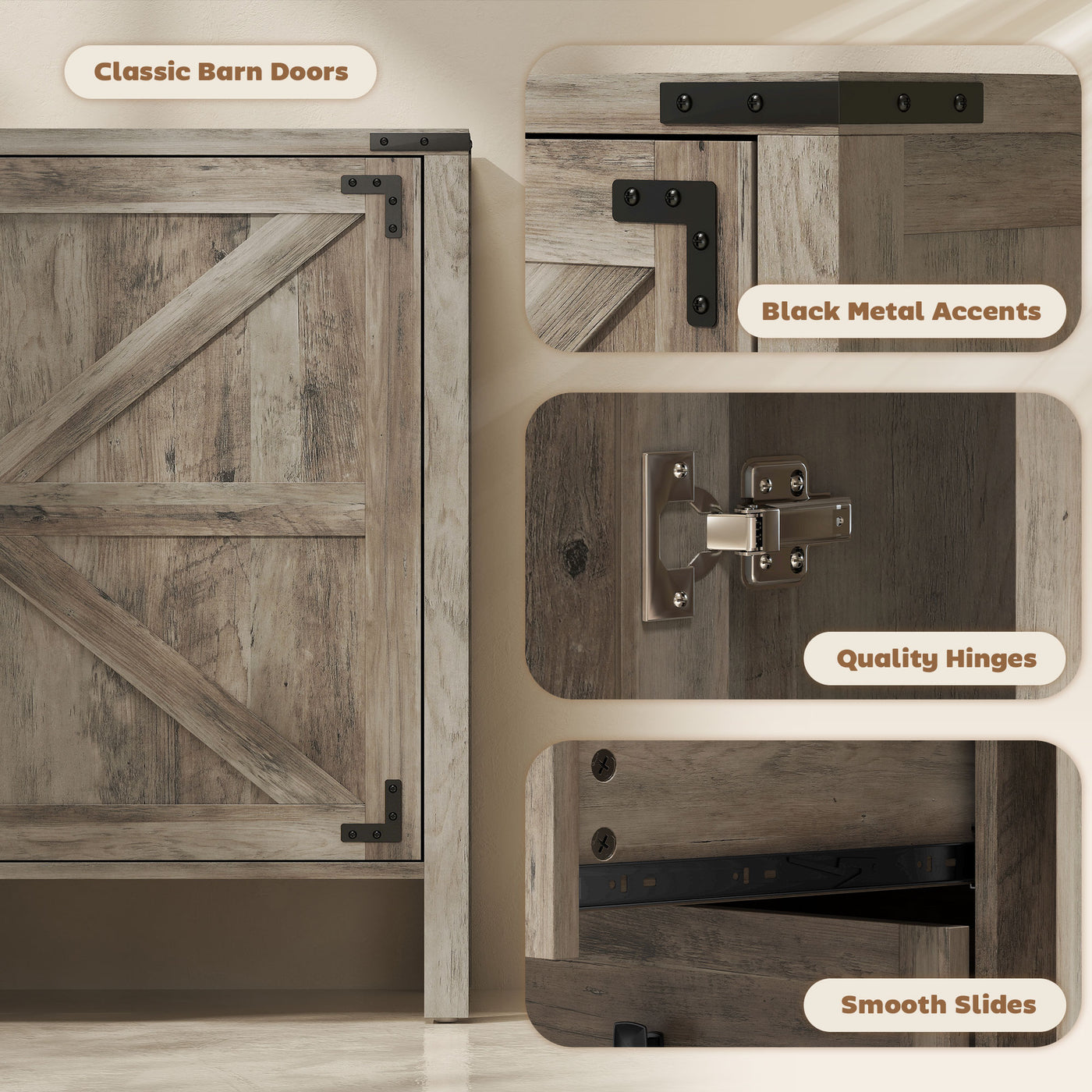 59" Buffet Cabinet, Farmhouse Sideboard with Thick Top, 2 Barn Doors, 4 Drawers and 2 Adjustable Shelves, Grey