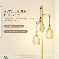 Industrial Floor Lamp with 3 Hanging Wire Lampshades, Dimmable Standing Lamp for Living Room, Gold