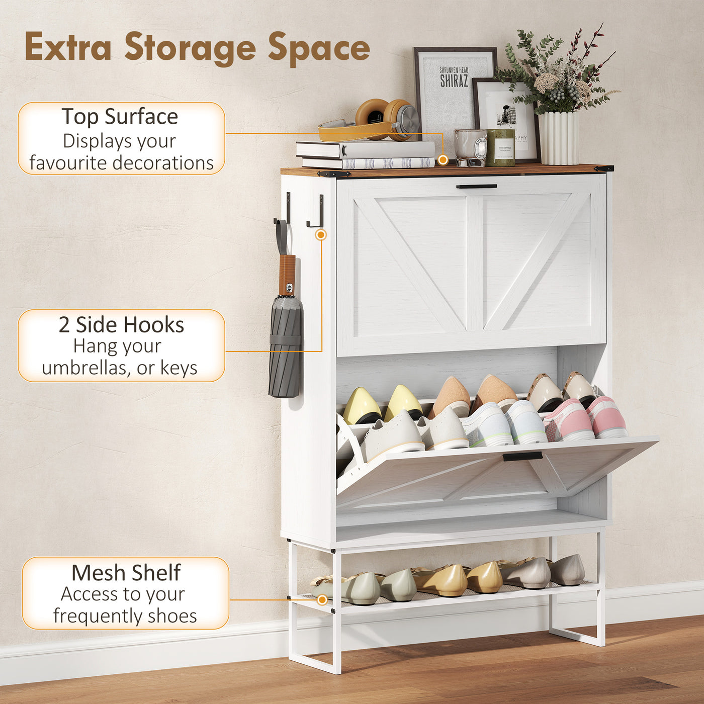 Narrow Shoe Storage Cabinet with 2 Flip Drawers, Slim Shoe Cabinet for 15-20 Pairs, White Wood Grain