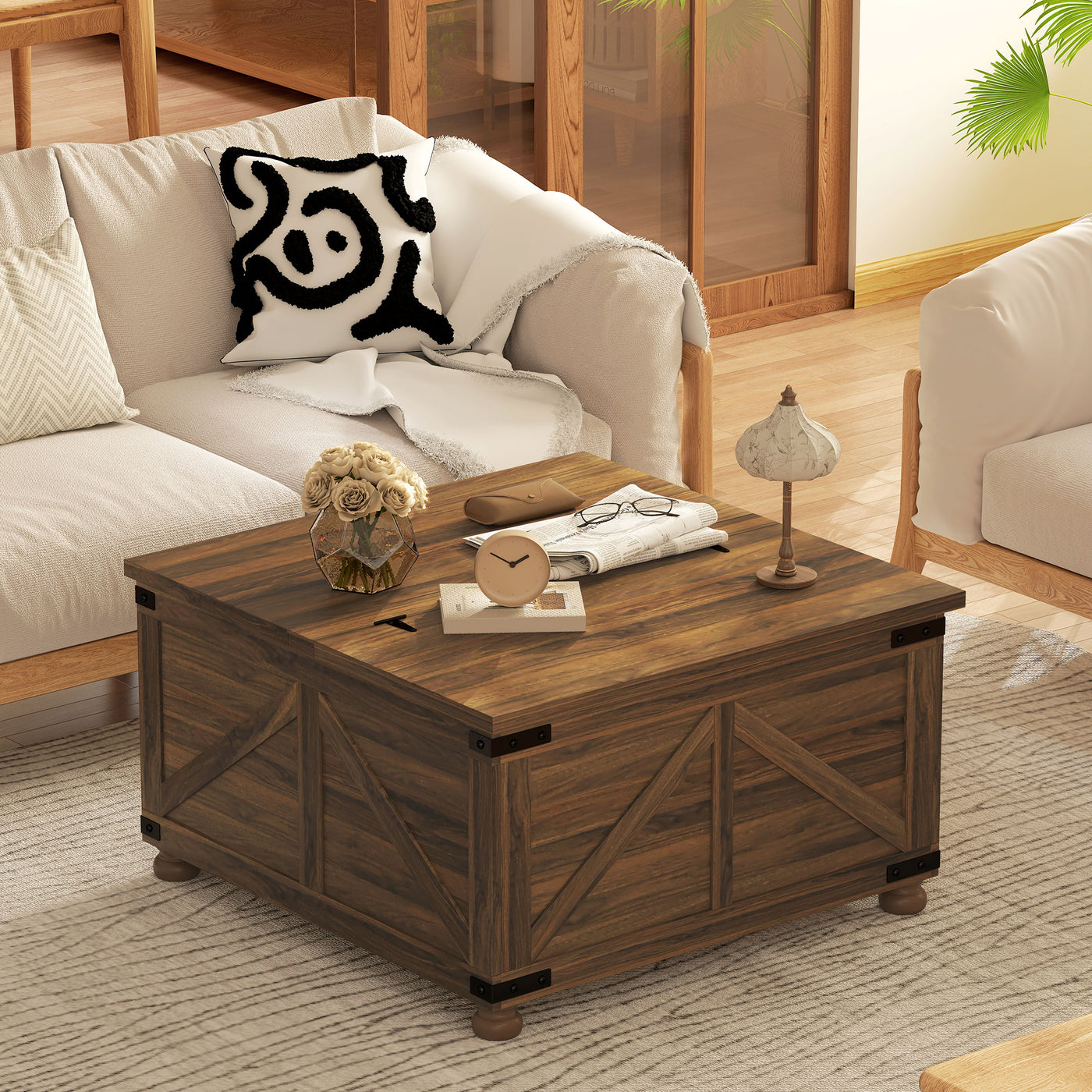 Coffee Table with Lift Top, 32" Farmhouse Center Table with Hidden Compartment for Living Room, Brown Wood Grain