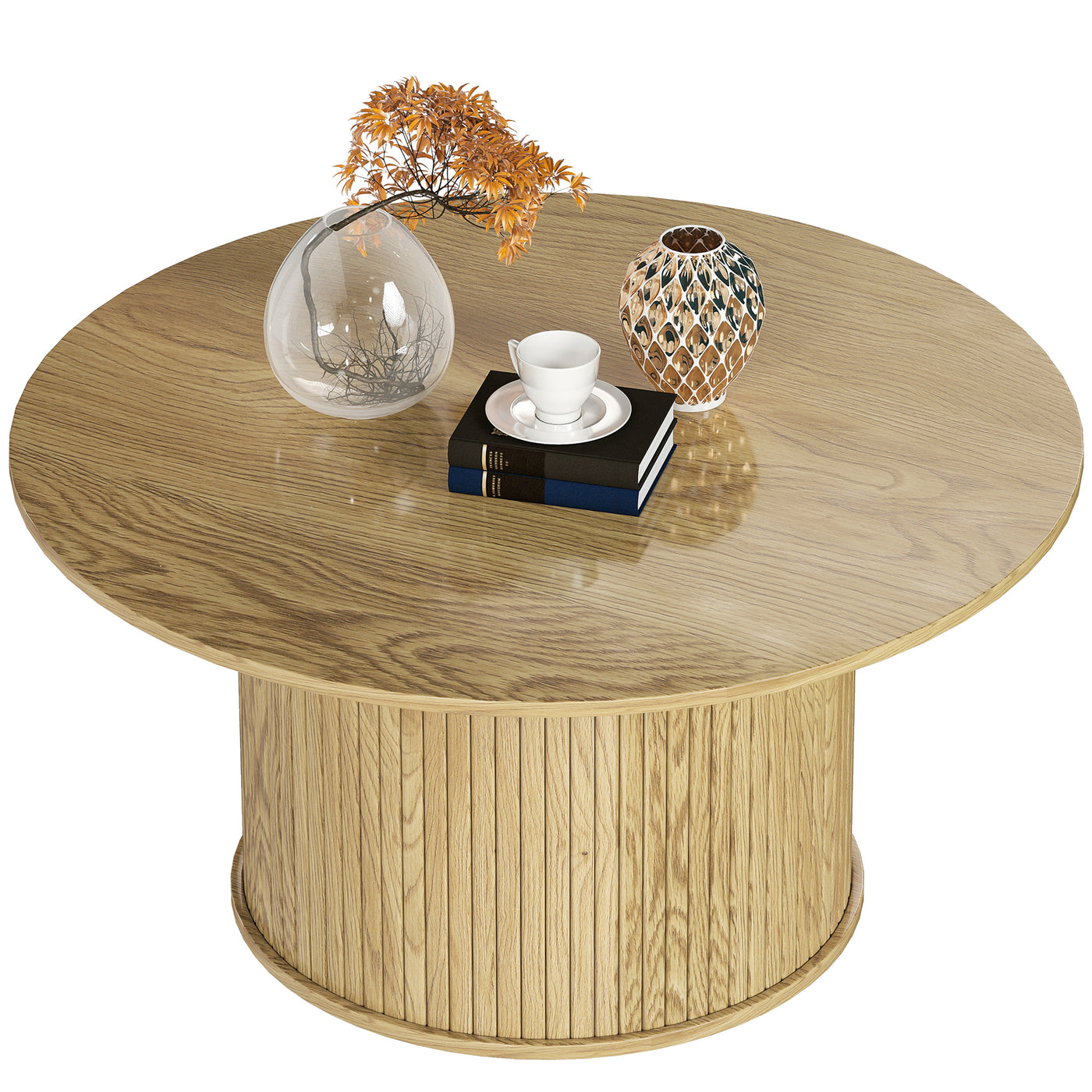 31.5" Round Coffee Table, Nordic Style Center Table with Fluted Cylindrical Base for Living Room, Oak