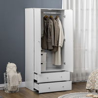 Armoire Wardrobe Closet with 2 Drawers, 71" Tall Wardrobe Cabinet with Hanging Rod, 2 Door Bedroom Armoires, Modern Clothing Storage Cabinet for Bedroom, White