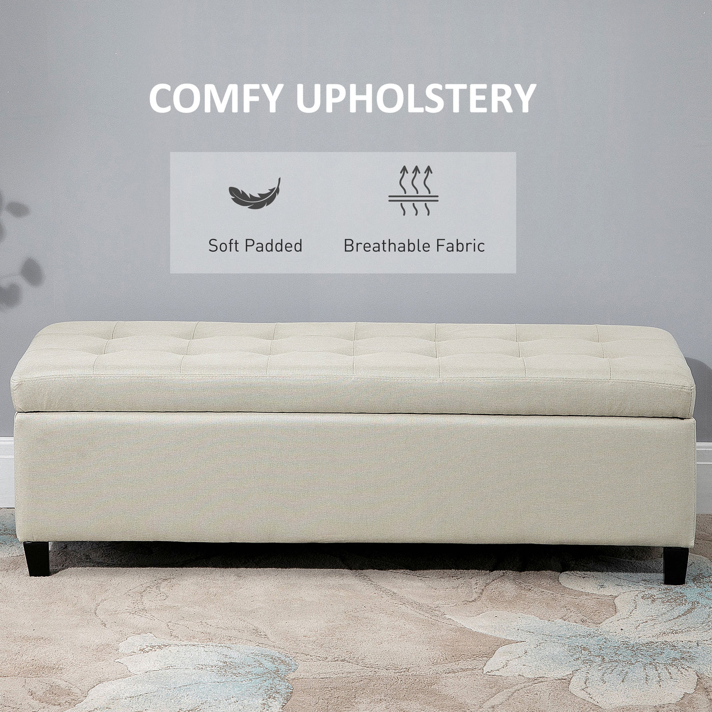 Rectangular Entry Bench, Tufted Upholstered Linen Fabric Wood Feet Storage Ottoman Bench, Beige