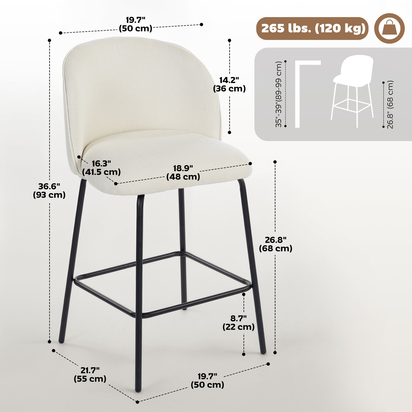 Set of 2 Counter Height Barstools, Upholstered Linen Bar Stools with Backrest, Footrest and Steel Legs, Cream White