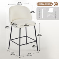 Set of 2 Counter Height Barstools, Upholstered Linen Bar Stools with Backrest, Footrest and Steel Legs, Cream White