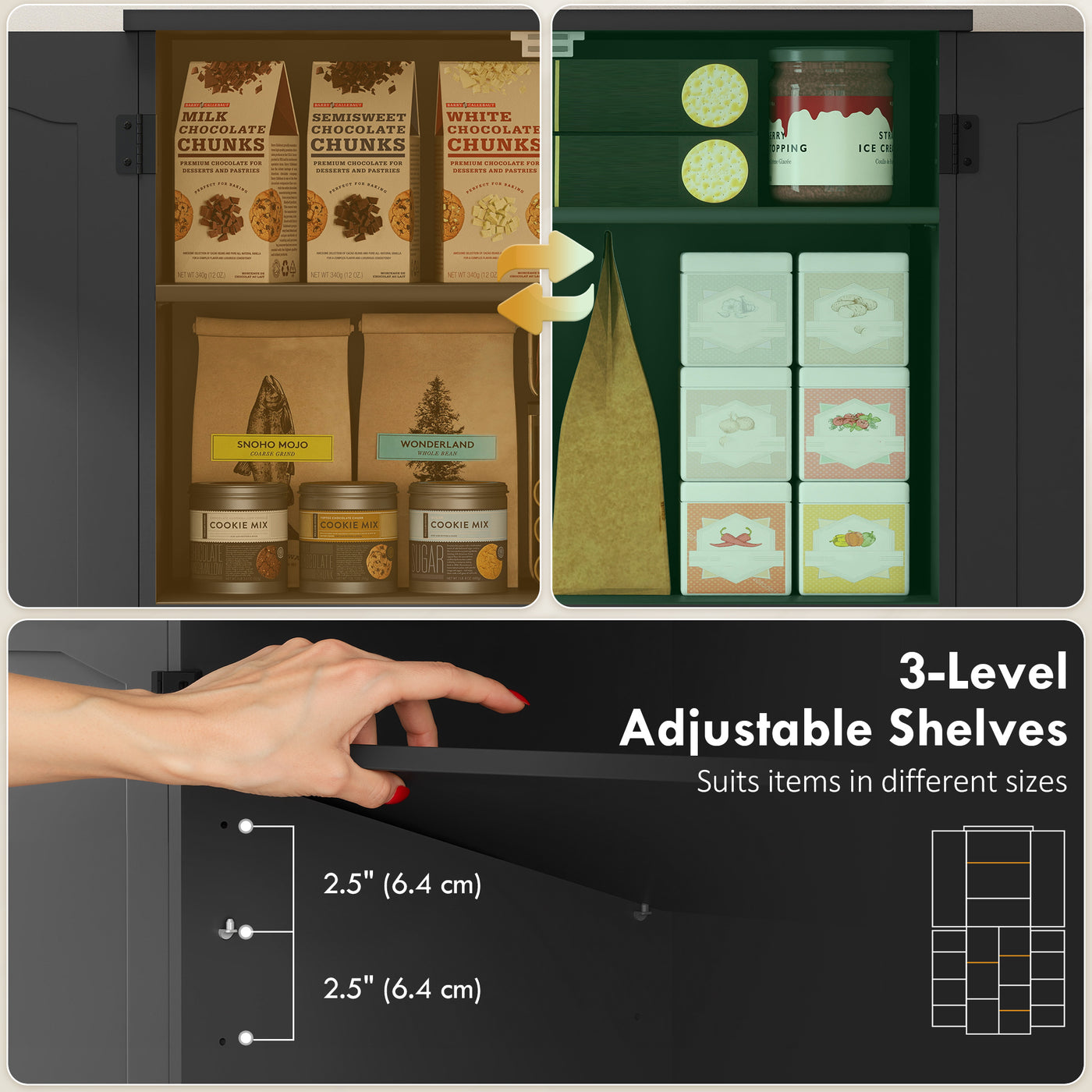 Tall Pantry Cabinet, 64" Storage Cabinet with Adjustable Shelves and 8 Door Spice Racks for Kitchen, Dining Room, Black