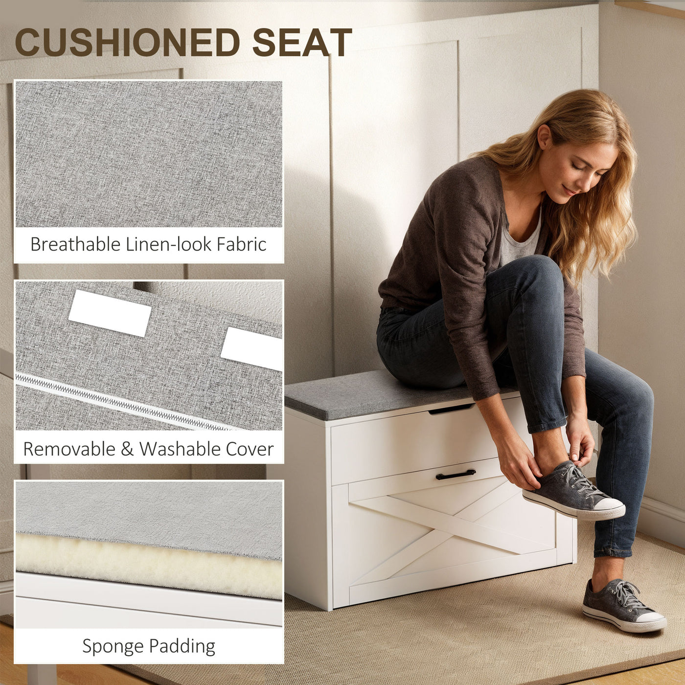 Shoe Storage Bench with Flip Drawer and Lift Top Storage, Entryway Bench with Seat Cushion for Hallway, White