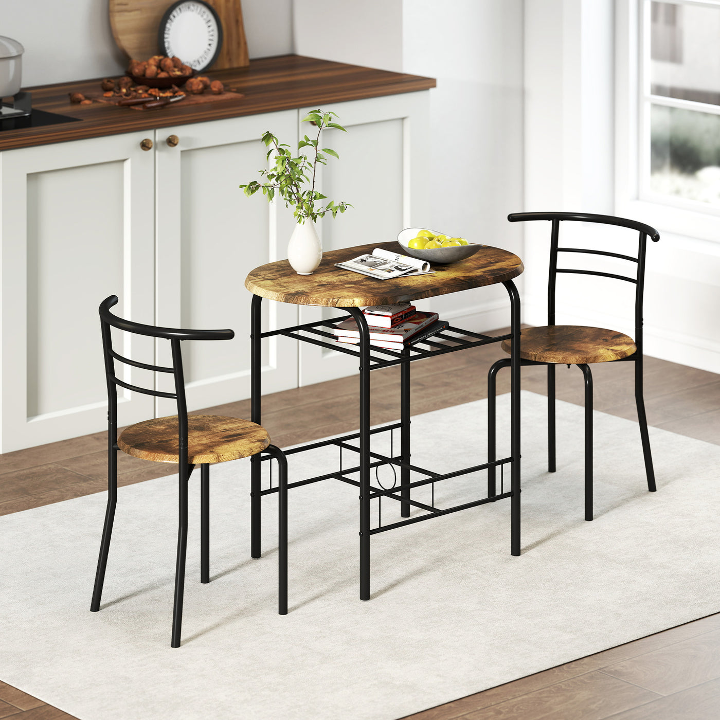 Dining Table Set of 3, Kitchen Table and Chairs Set for 2 with Shelf, Living Room Rustic Brown