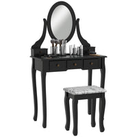 Vanity Desk with Stool, Makeup Vanity with 360° Rotating Oval Mirror, 5 Drawers and Padded Seat, Dressing Table for Bedroom, Black