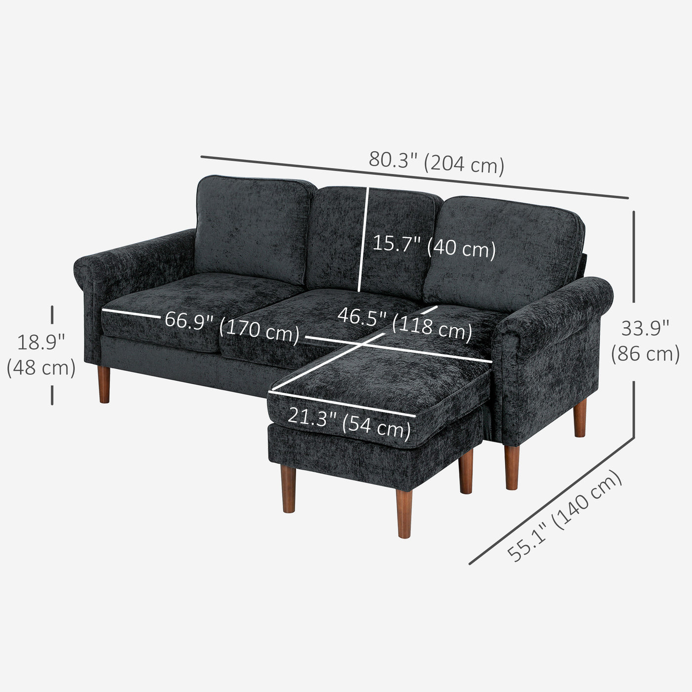 L Shape Sofa, Modern Sectional Couch with Changeable Chaise Lounge, Wooden Legs, Corner Sofa for Living Room, Black