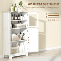 Bathroom Floor Storage Cabinet with Tempered Glass Doors and Adjustable Shelf, Kitchen Cupboard, Free Standing Organizer for Living Room Entryway, White