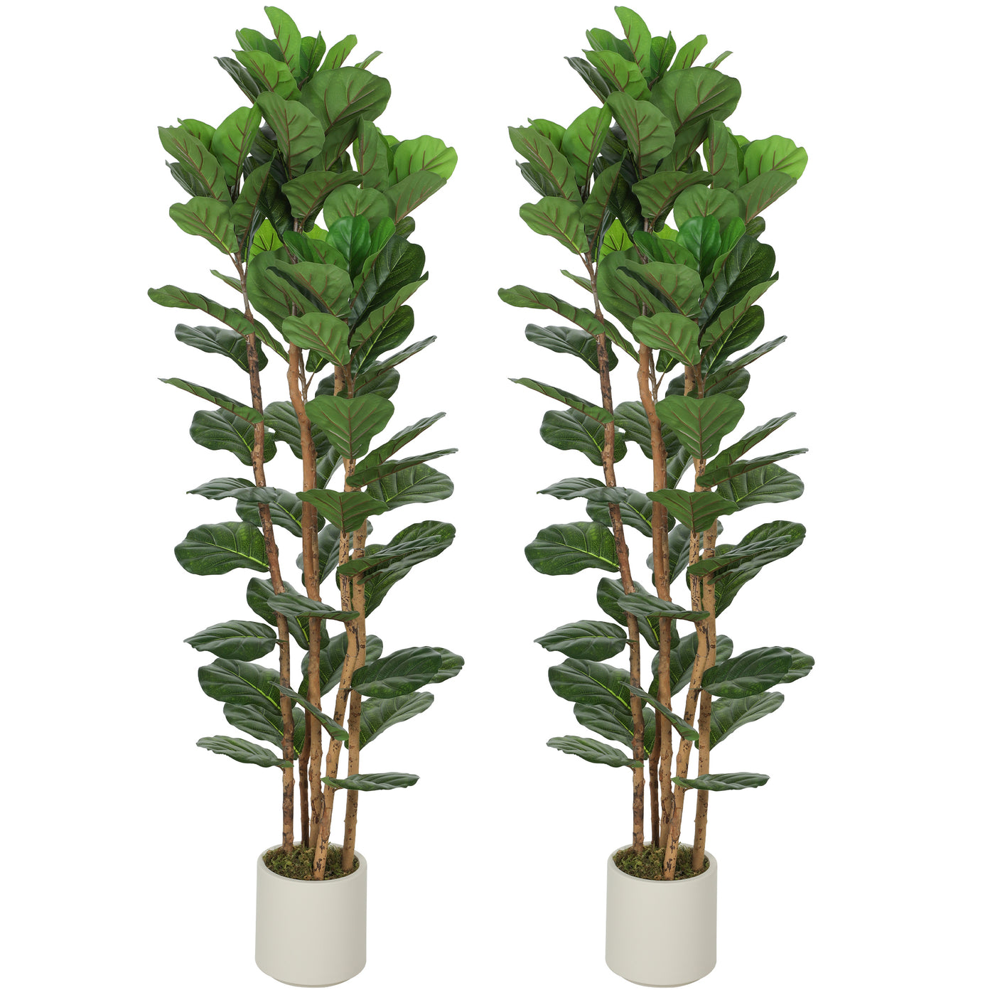6FT Artificial Fiddle Leaf Fig Tree Set of 2, Fake Potted Tree with Solid Wood Trunks for Indoor Decor, Green