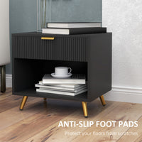Nightstand with Fluted Panel, Bedside Table with Drawer and Open Compartment, Modern Night Table for Bedroom, Black