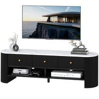 TV Stand, Modern TV Table with Marble-Effect Top, 3 Drawers and 2 Open Shelves for 32-65 Inch Television, Black