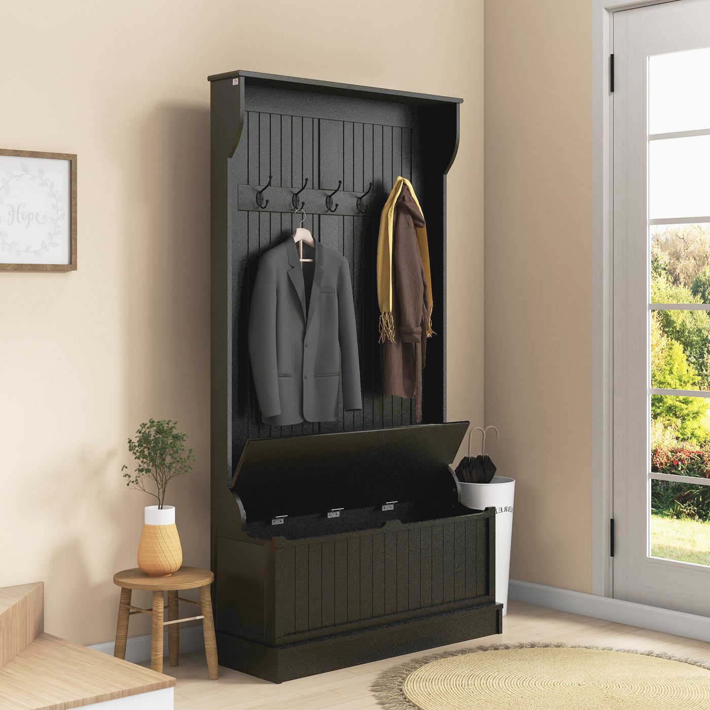 4-In-1 Hall Tree with Coat Rack, Top Shelf, Shoe Storage and Bench Seat, Entryway Bench with 5 Hooks, Black