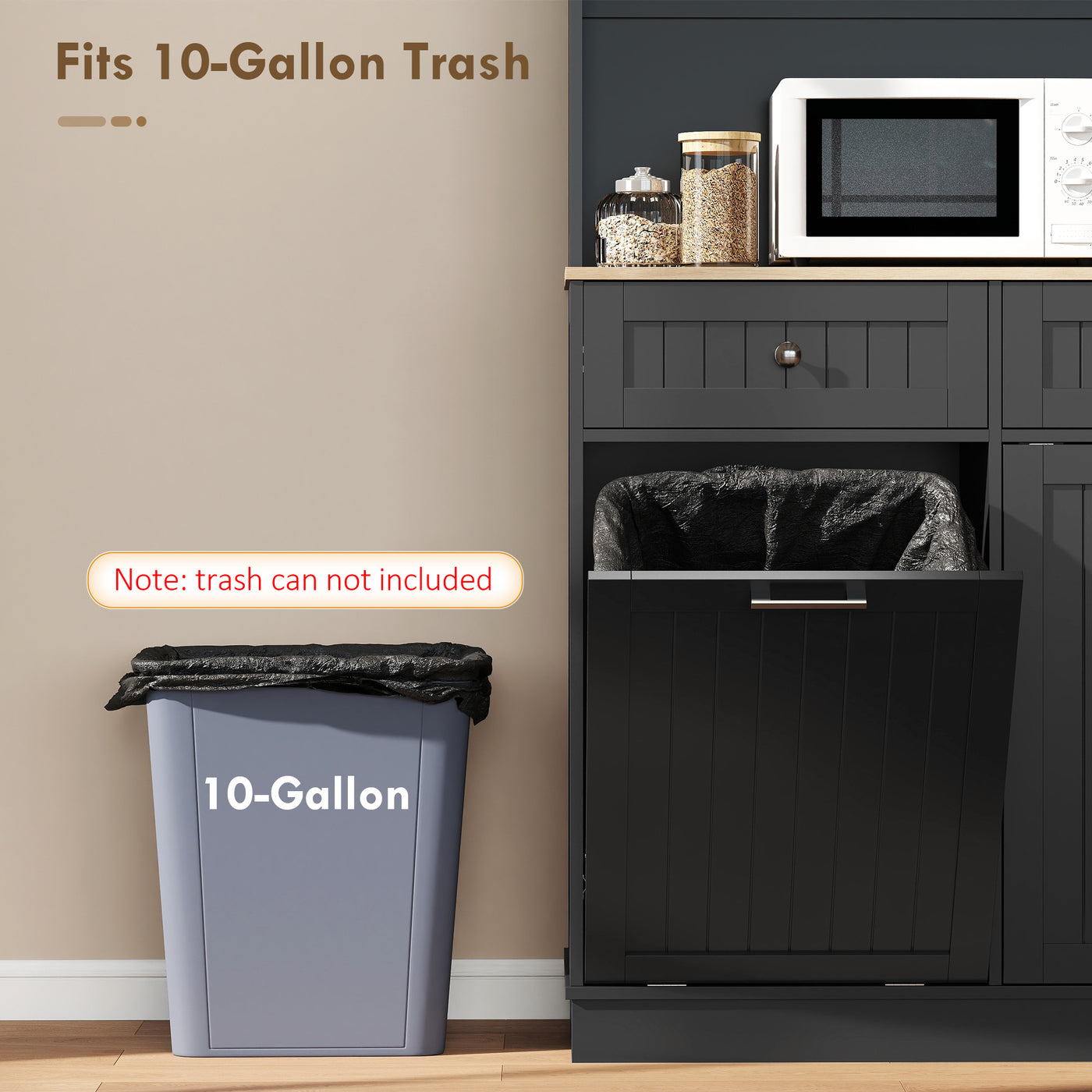 68" Pantry Cabinet with Charging Station, Storage Cabinet with Microwave Stand, 10 Gallon Trash Can Cabinet, Black
