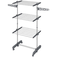 3-Tier Foldable Clothes Drying Rack, Stainless Steel Laundry Rack with 2 Side Wings and 6 Castors, Collapsible Adjustable Clothes Airer for Indoor Outdoor, Grey