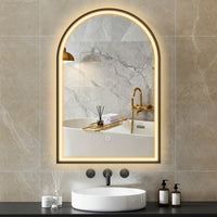 24" x 36" LED Bathroom Mirror, Arched Tempered Glass Wall Mirror, Anti-Fog, Dimmable, Memory Function, Black