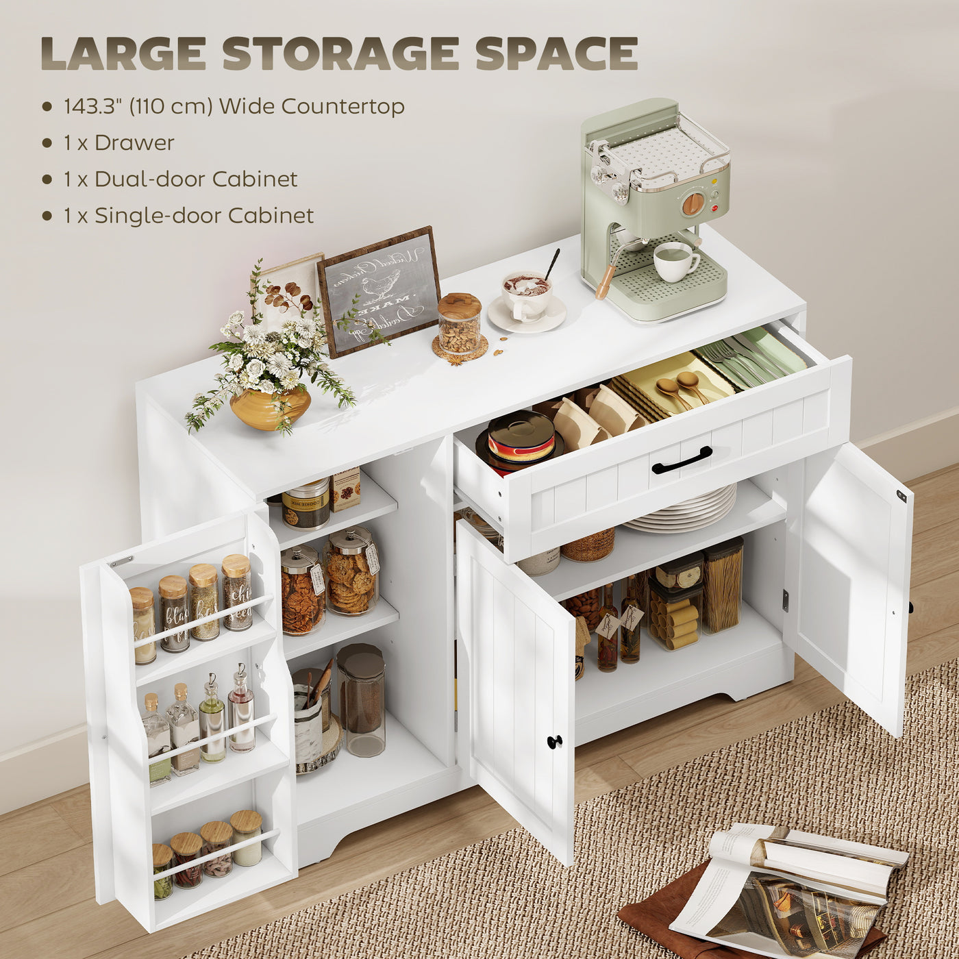 44" Modern Kitchen Storage Cabinet with Drawer, Adjustable Shelves, Small Kitchen Pantry with Door Racks, White