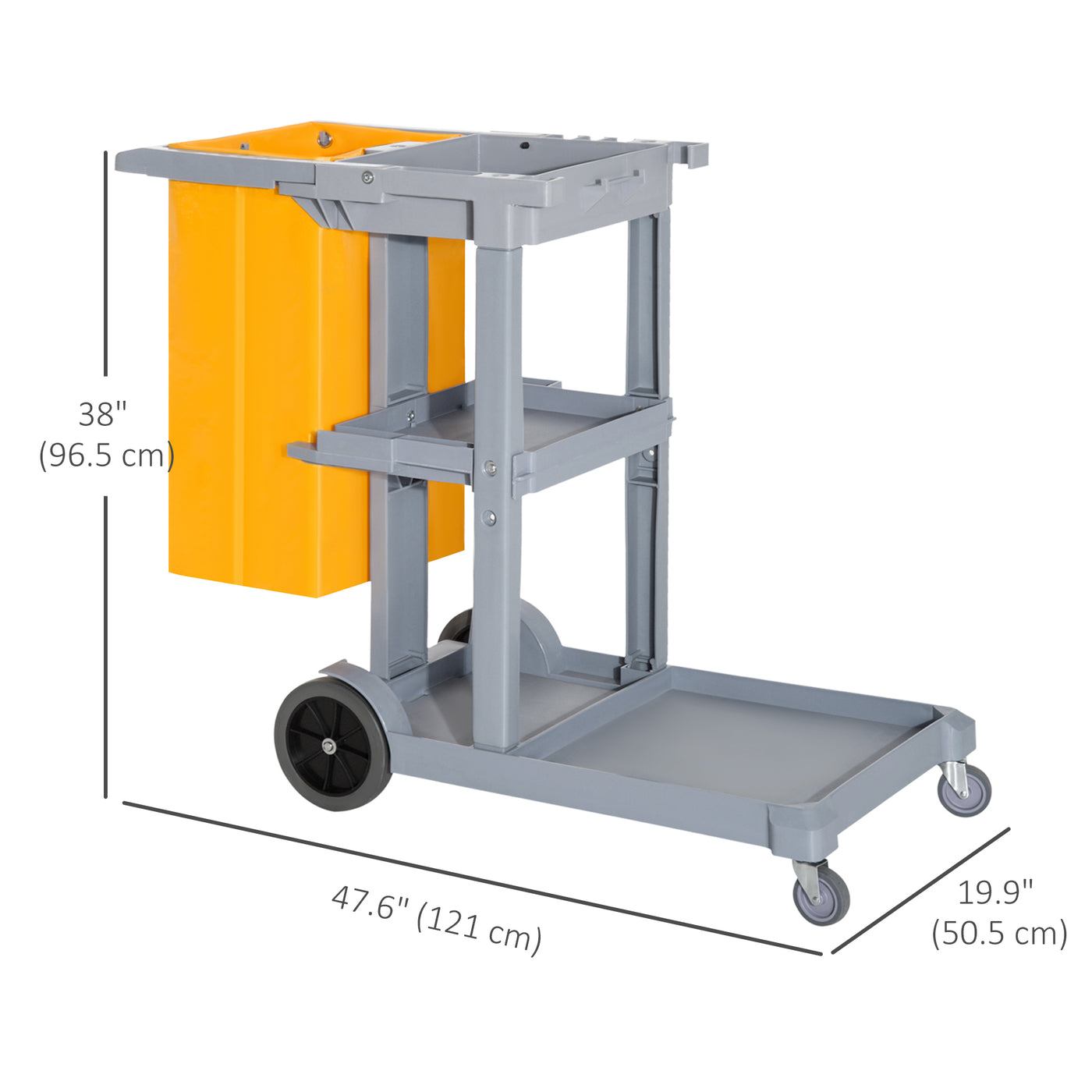 Janitorial Cart with 3 Shelves, Cleaning Cart on Wheels with Rubbish Bag and Mop Holders for Hotel, Housekeeping, Grey