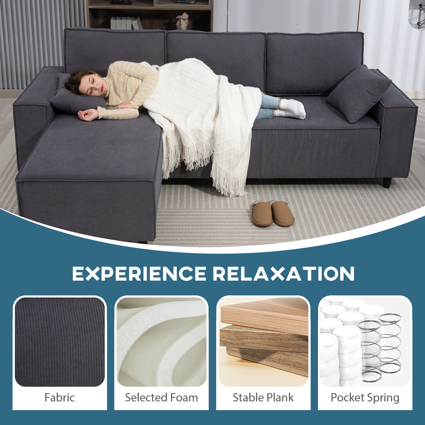 Corner Sofa with Changeable Chaise, Corduroy L-Shaped Sectional Sofa with Pocket Spring, 2 Pillows, Charcoal Grey
