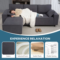 Corner Sofa with Changeable Chaise, Corduroy L-Shaped Sectional Sofa with Pocket Spring, 2 Pillows, Charcoal Grey