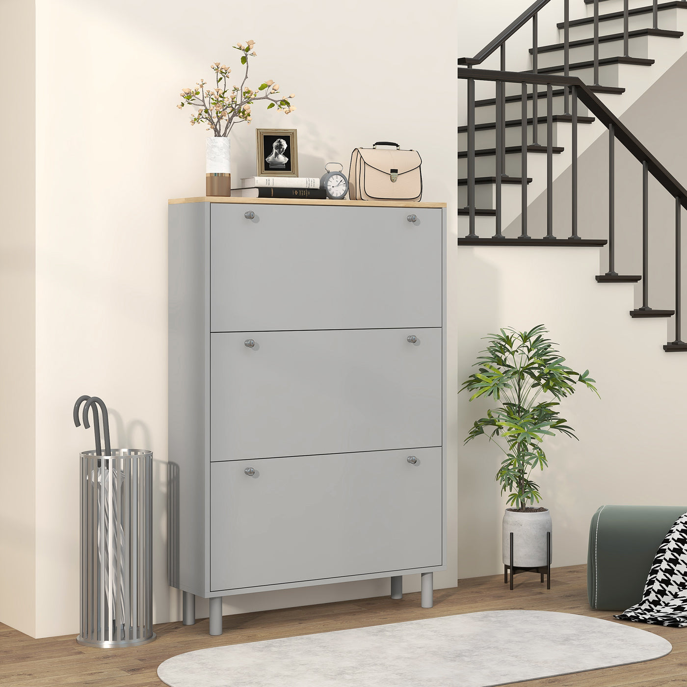 Entryway Shoe Storage Small Modern Flip-Flop Shoe Cabinet with 3 Flip Drawers Adjustable Shelves for 24 Pairs of Shoes, Grey