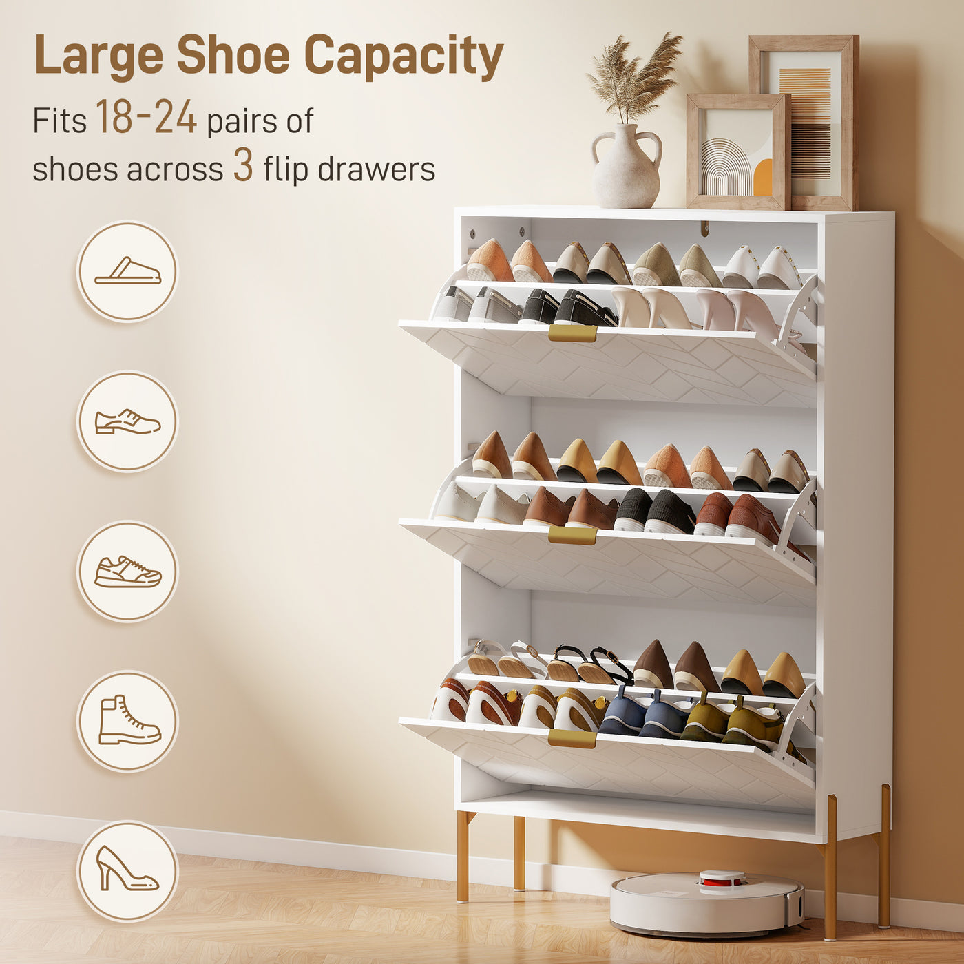 Shoe Cabinet with 3 Flip Drawers, Modern Narrow Shoe Storage Cabinet with Adjustable Shelves, White