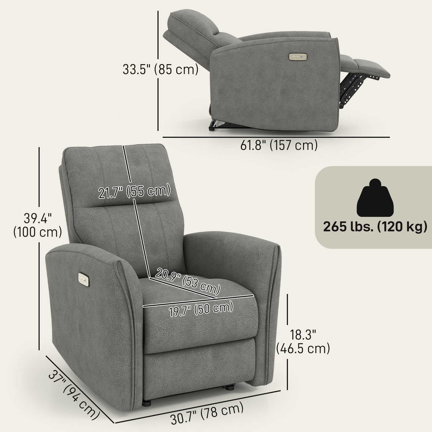 Power Recliner Chair, Dyed Fabric (Like Leathaire) Upholstered Recliner Chair with USB Ports, Footrest, Grey