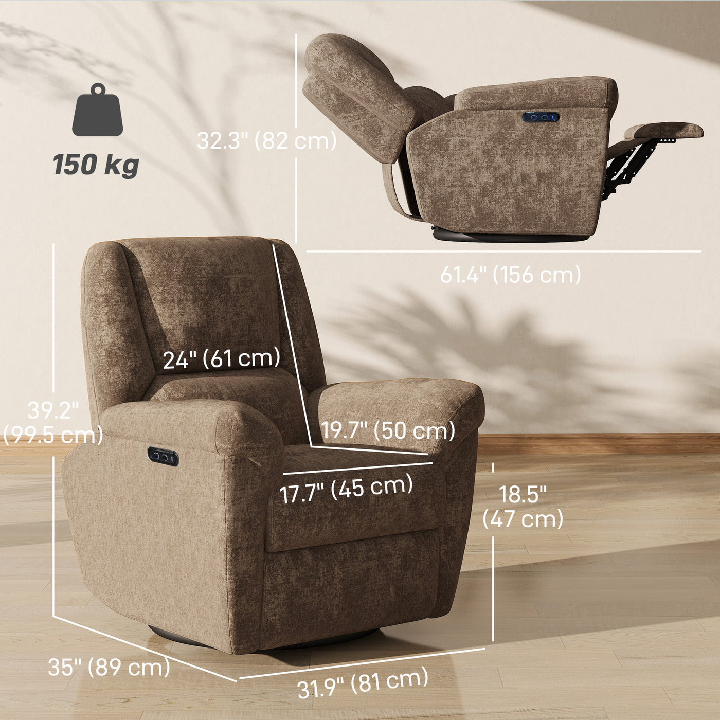 Power Recliner Chair, Fabric Upholstered Recliner Chair with USB Ports, Swivel and Rocking Function, Footrest