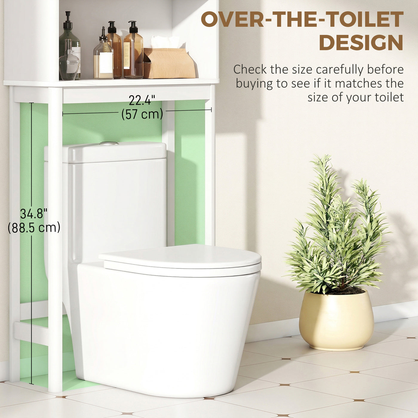 Over The Toilet Storage Cabinet with Adjustable Shelf, Open Shelf and Adjustable Bottom Bar, White