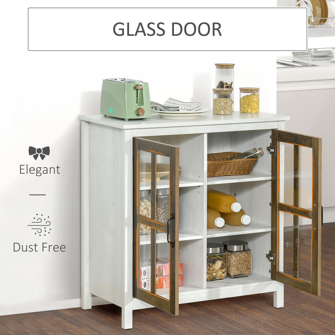 Kitchen Sideboard, Glass Door Buffet Cabinet, Accent Storage Cabinet with 2 Glass Doors and Adjustable Shelf for Dining Room, Living Room, Distressed White