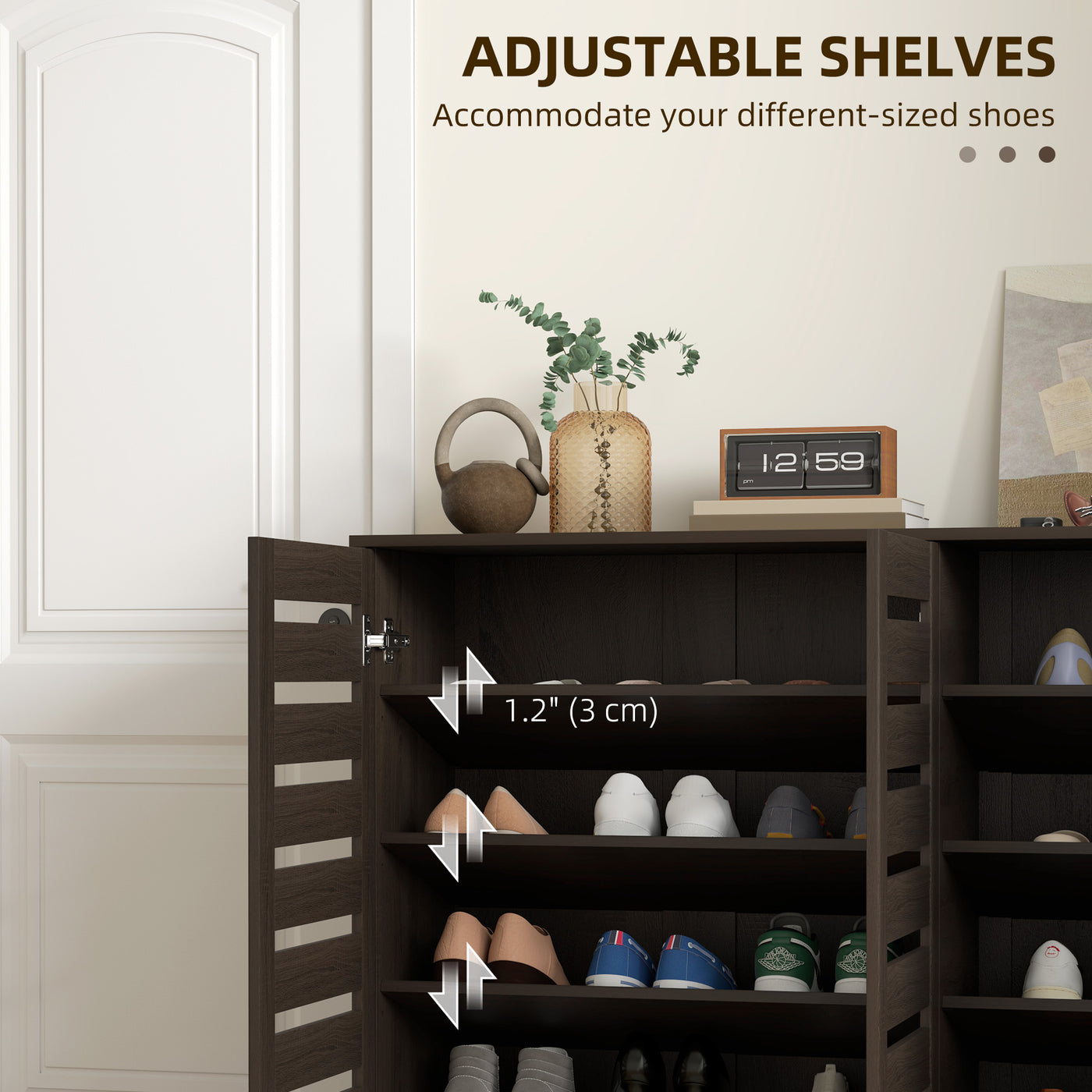 Narrow Shoe Cabinet with Slatted Doors, Adjustable Shelves for 20 Pairs of Shoes, Shoe Cabinet for Entryway, Dark Brown