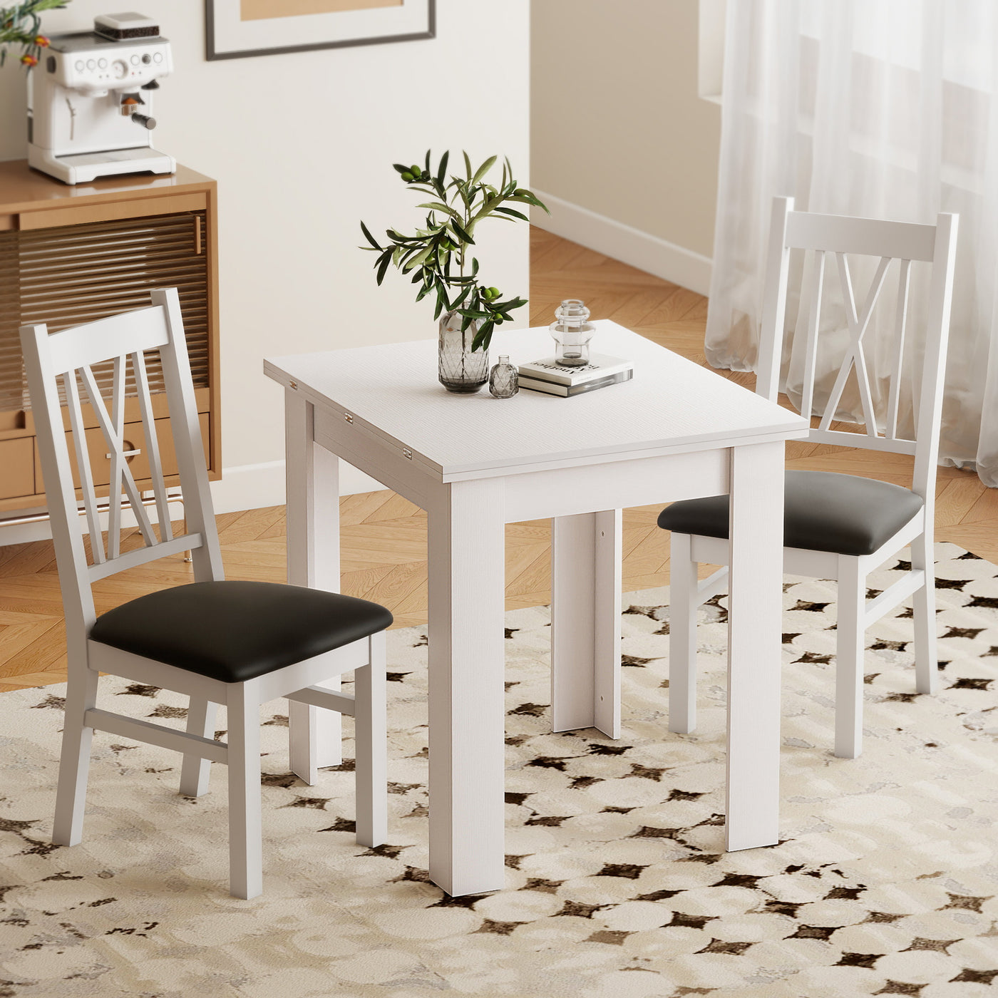 55" Extendable Dining Table for 4-6 Person, Kitchen Table with PU Handle and Felt Pads for Small Spaces, White