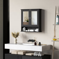 Medicine Cabinet, Wall-Mounted Bathroom Mirror Cabinet with Double Doors, Open Shelf, and Adjustable Shelf, Modern Bathroom Wall Cabinet, Black
