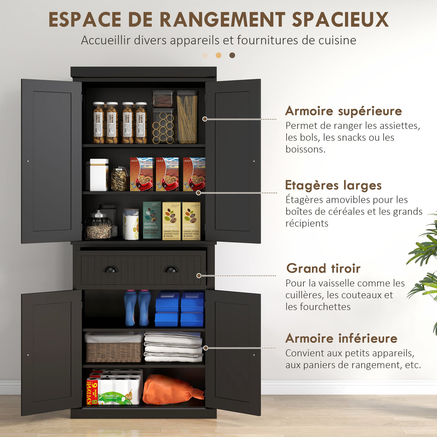 72" Kitchen Pantry, Freestanding Storage Cabinet with Drawer, Doors, Black