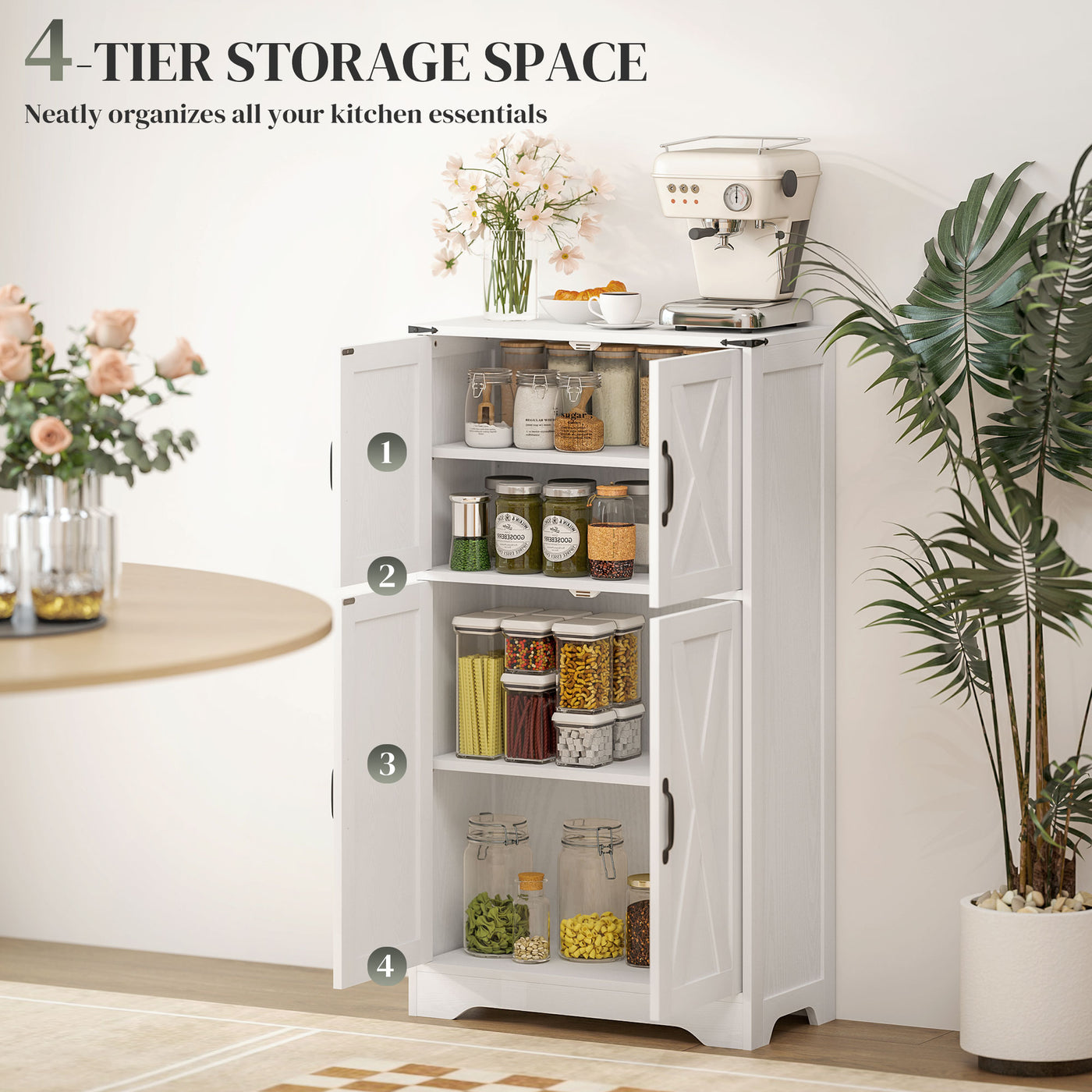 Farmhouse Kitchen Pantry, Freestanding Kitchen Pantry Storage Cabinet with Barn Doors and Adjustable Shelves, White