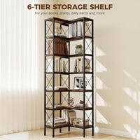 6-Tier L-Shaped Bookshelf, Freestanding Corner Bookcase with Metal Frame, Rustic Brown