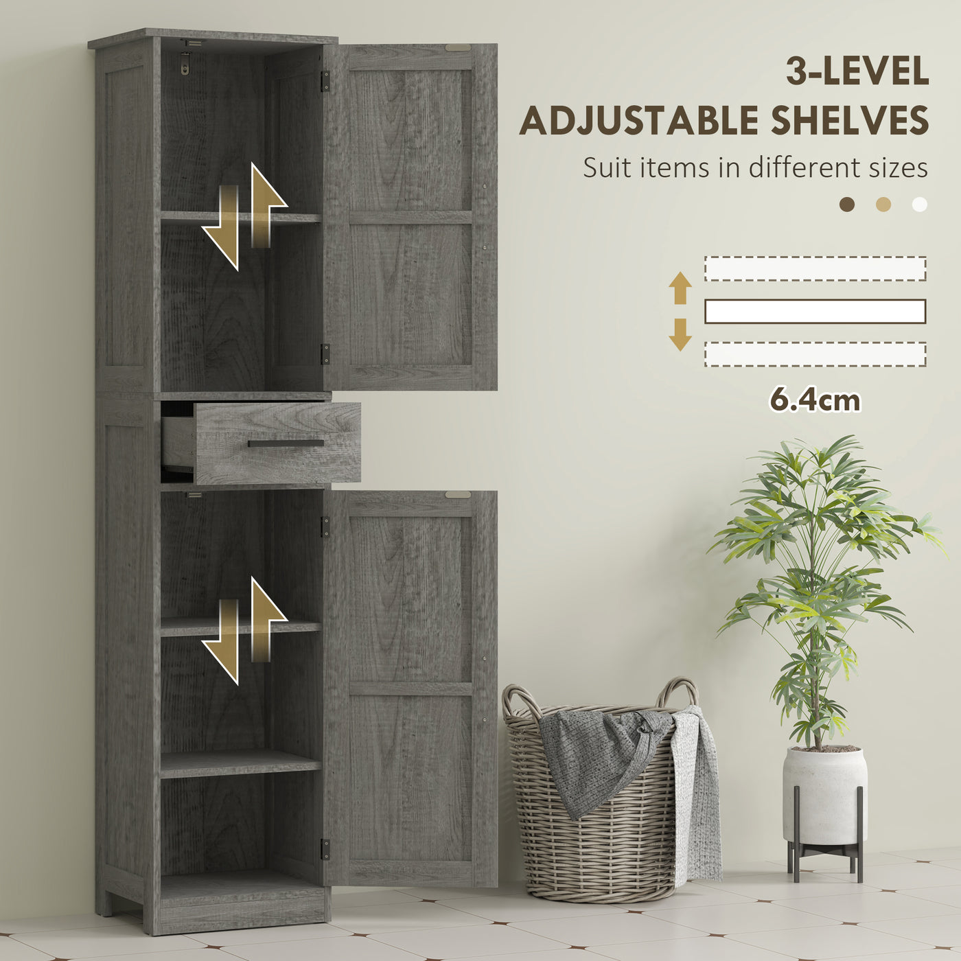 67" Tall Bathroom Cabinet, Narrow Bathroom Storage Cabinet with Drawer, Barn Doors and Adjustable Shelves, Dark Grey