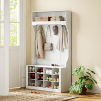 4-In-1 Hall Tree with Bench and Shoe Storage, Farmhouse Coat Rack Shoe Bench with 12 Shoe Cubbies, 6 Hooks, White