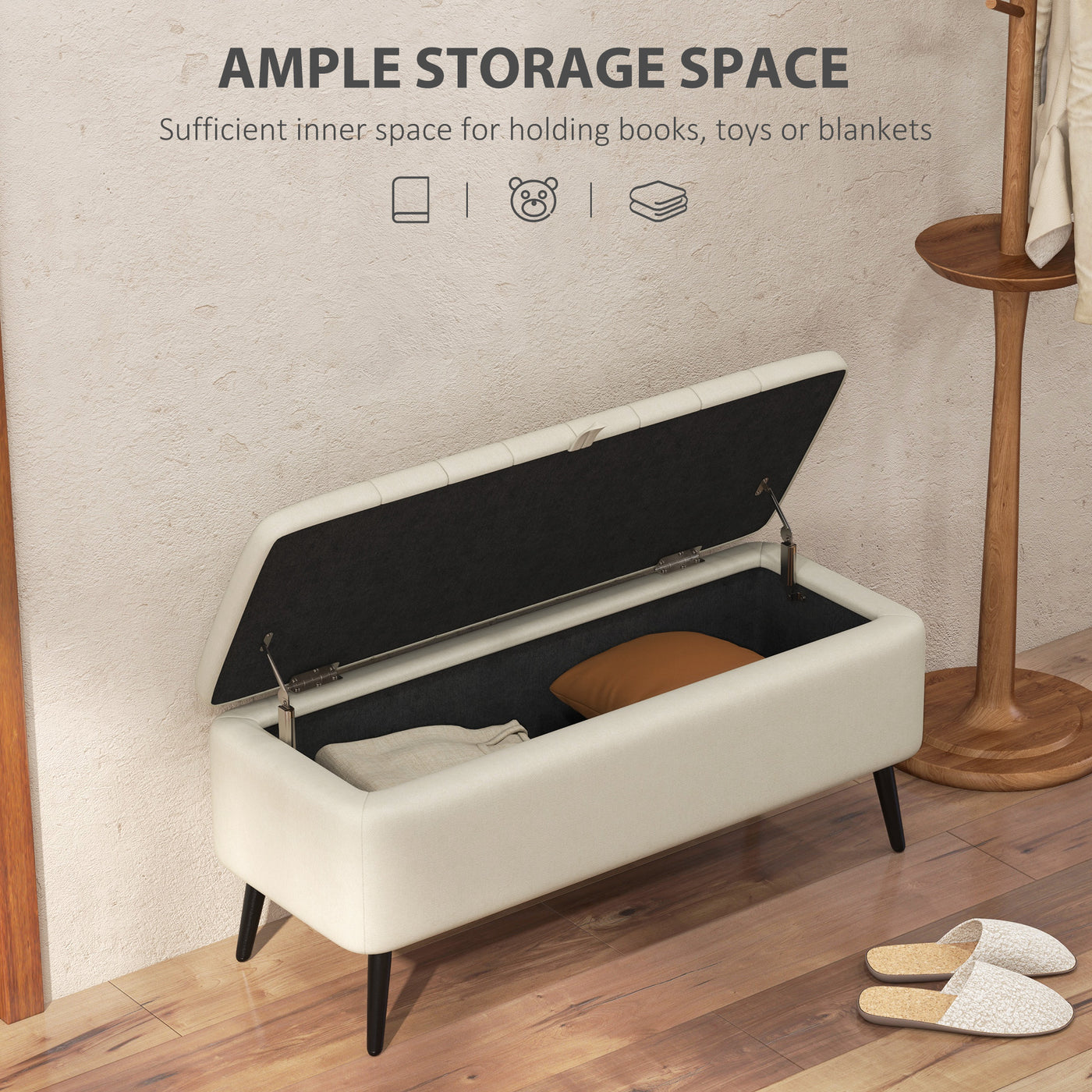 40" Ottoman with Storage, Linen Upholstered Storage Ottoman Bench with Steel Legs for Living Room, Bedroom Cream White