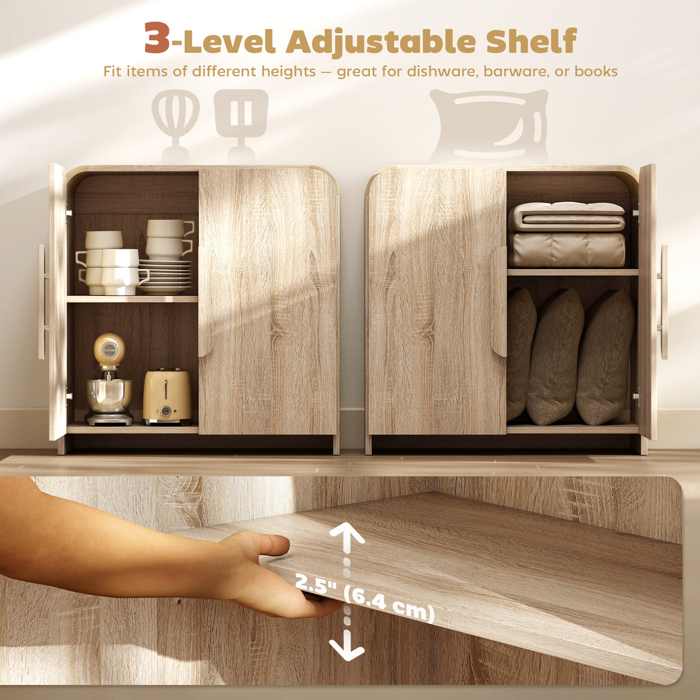 Sideboard Buffet Cabinet, 31.5" Modern Kitchen Storage Cabinet with Soft-Close Door and Adjustable Shelf, Natural Wood