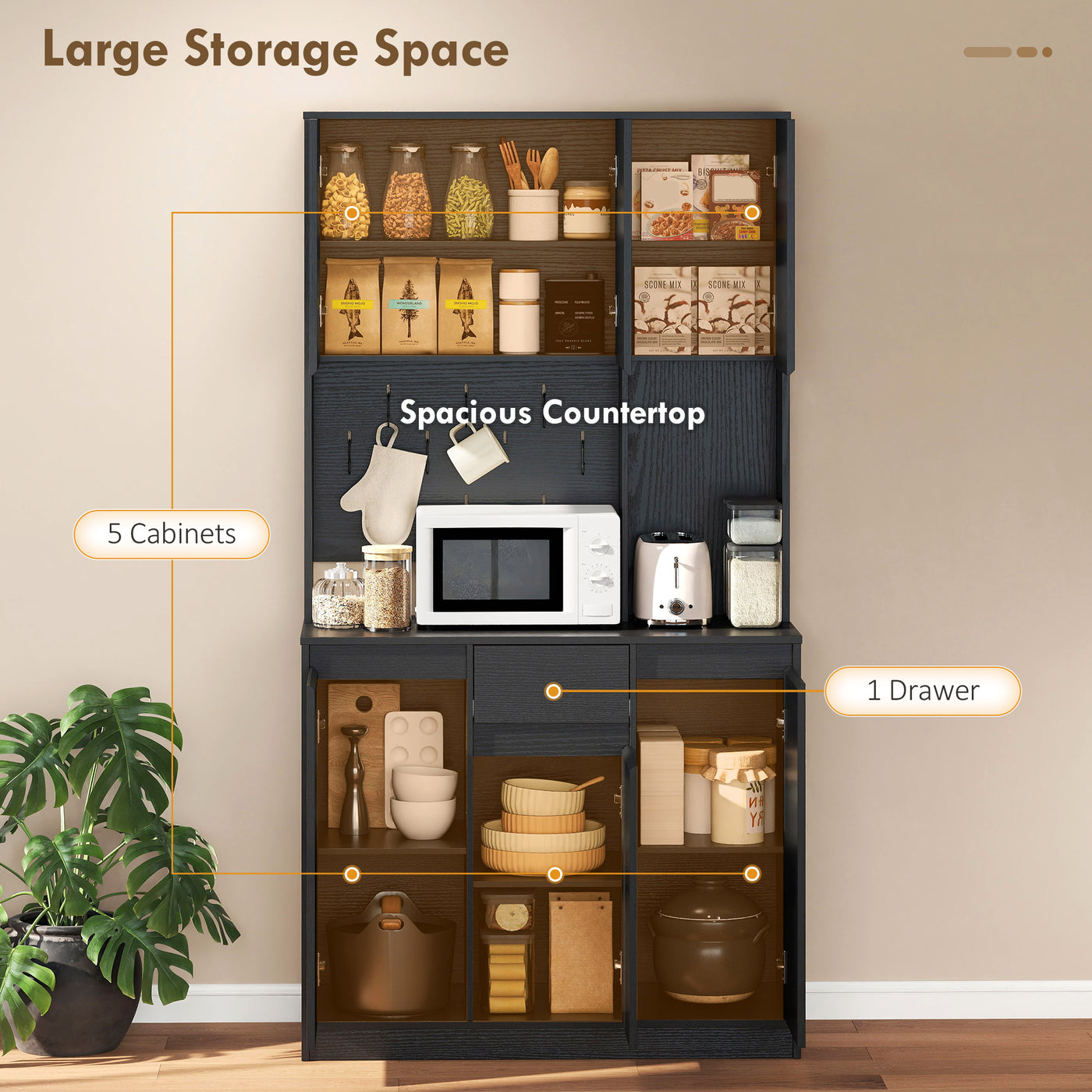71" Pantry Cabinet with Charging Station, Kitchen Storage Cabinet with Microwave Stand, Pegboard, 6 S-hooks, Black