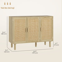 Bohemian Sideboard, 46.9" Buffet Cabinet with 3 Rattan Doors and Shelves for Living Room, Hallway, Oak