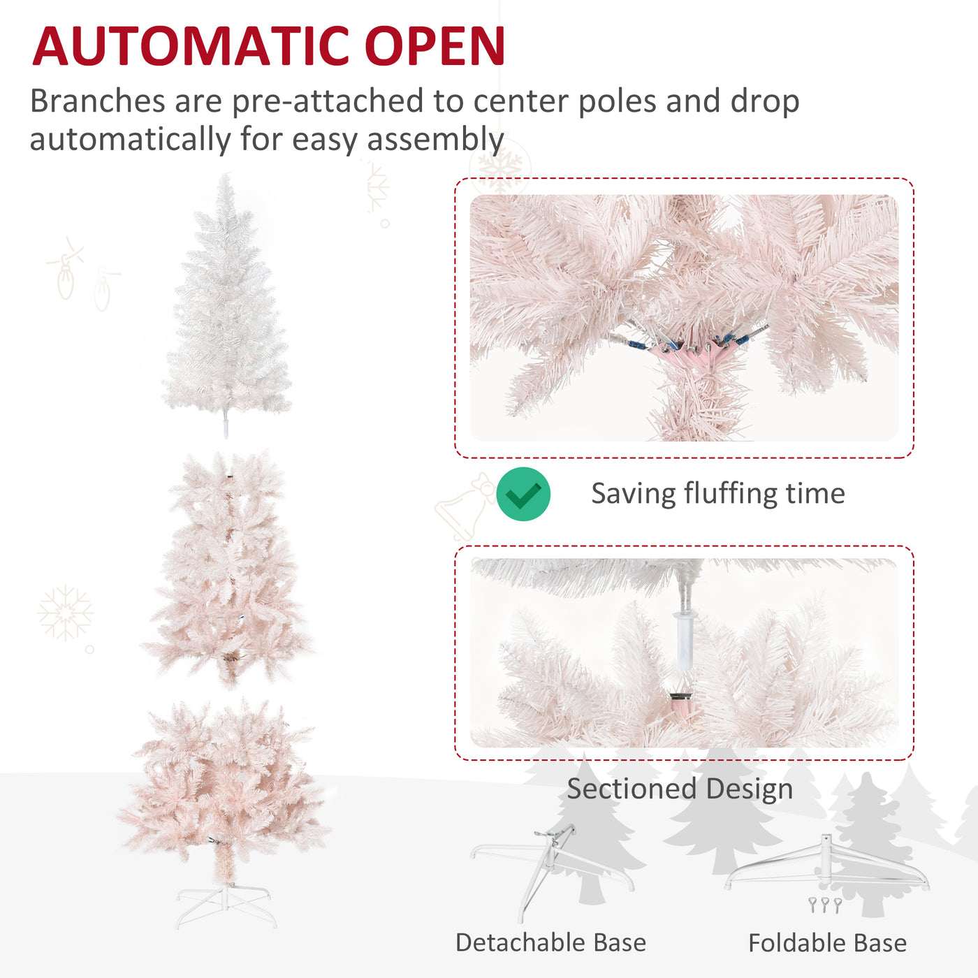 7ft Pencil Artificial Christmas Tree with Pine Realistic Branches, Auto Open, Pink and White